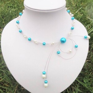 Bridal necklace, wedding necklace, white (or ivory) and turquoise glass beads, Czech crystal beads, Nickel free