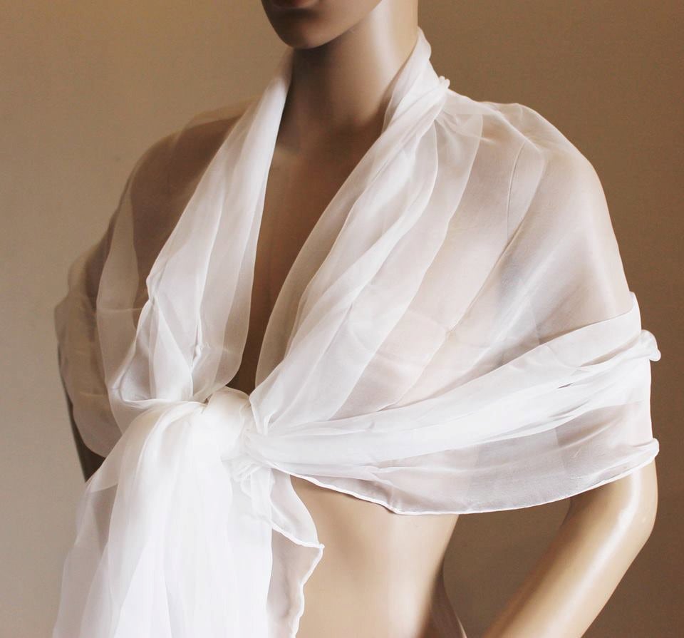 White Stole Chiffon silk Bridal Wedding Handmade Etole de mariée en mousseline de soie