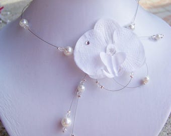 Collier mariage, collier de mariée - orchidée Blanche, perles de verre et perles en cristal - sans nickel