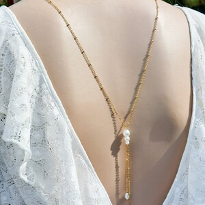 Mina wedding back necklace, stainless steel and pearly glass beads, bridal necklace with back jewel,
