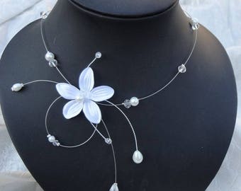 Wedding necklace pearls crystal satin flower white white or ivory