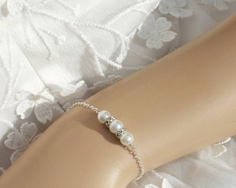 Bracelet pour mariage perles en verre nacré, rondelles de strass, bracelet de mariée minimaliste , bijou mariage,  collier de dos