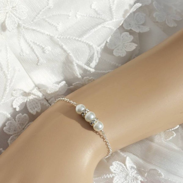 Bracelet pour mariage perles en verre nacré, rondelles de strass, bracelet de mariée minimaliste , bijou mariage,  collier de dos