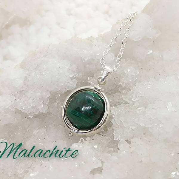 Malachite & Silver Necklace - Natural Stone - Silver Chain - Lithotherapy- Insurance, Positive Energy