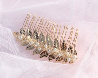 Wedding Hair Jewel - bay laurel comb for bride - glass beads - crystal beads - ivory or white - gold version