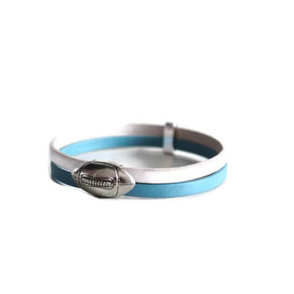 Bracelet Rugby Bleu Ciel et Blanc en cuir avec fermoir ballon de rugby plaqué argent Cadeau de Noël, Fête des pères, bracelet mixte