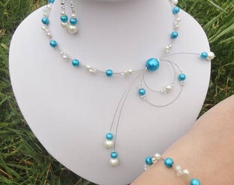 Parure Enfant Blanc Bleu Turquoise - Collier Bracelet Boucles D'oreilles - Neuf Avec étiquettes