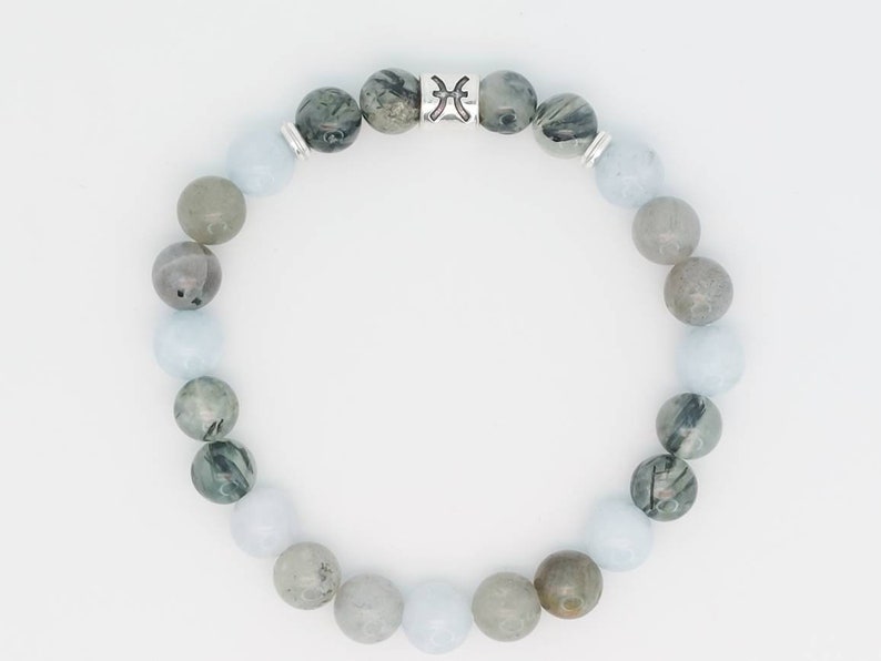 Bracelet Zodiaque en pierres naturelles Signe POISSON Aigue marine, Prehnite et labradorite , Lithotherapie, Bienfaits image 3