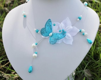 Ensemble de bijoux mariée, Parure Mariage Fleur et papillon blanc turquoise mariage, collier bracelet et boucles d'oreilles