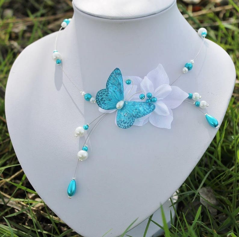 Set of bridal jewelry set wedding flower and white turquoise Butterfly wedding necklace bracelet and earrings