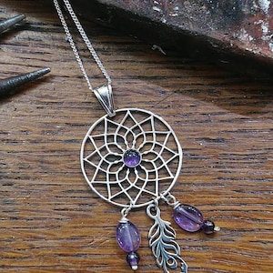 Pendant Dreamcatcher Amethyst Solid Silver - feather, Natural stone necklace, anti stress gift, hand-forged
