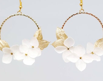 Boucles d'oreilles mariage - bijoux pour mariée en feuilles et fleurs naturelles stabilisés - doré - bohème - hortensia
