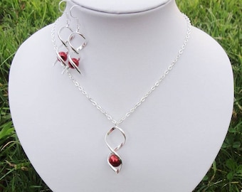 Ensemble de bijoux mariage - Parure collier mariage + boucles d'oreilles Twist bordeaux  - Argent 925 - bijoux mariée