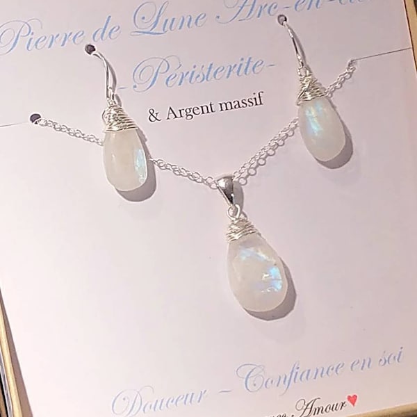 Parure en Pierre de lune arc-en-ciel (peristerite) Argent massif - Collier et boucles d'oreilles-pierres naturelles,  cadeau Noël