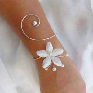 Bridal wedding bracelet pearl flower in ivory or white satin for wedding evening