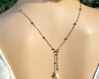 Back necklace to tie for wedding in solid silver (or stainless steel) and pearly glass beads, bridal necklace with back jewel