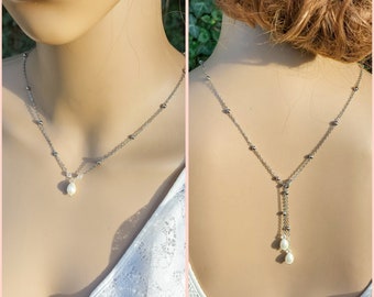 Collier de dos à nouer pour mariage en argent massif  (ou acier inoxydable) et perles en verre nacré, collier de mariée avec bijou de dos