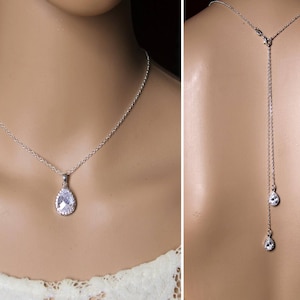 Bridal necklace - Wedding necklace with back jewel - Zircon drops - wedding back necklace