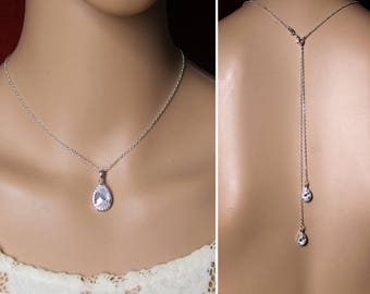Bridal necklace - Wedding necklace with back jewel - Zircon drops - wedding back necklace