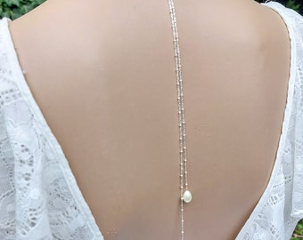 Back necklace for wedding in solid silver and pearly glass beads, bridal necklace with back jewel