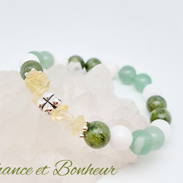 Bracelet en pierres "Chance et Bonheur" Citrine, Jade vert et blanc et Aventurine. Lithotherapie, bien être