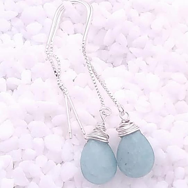 Boucles d'oreilles pendantes en Argent massif et gouttes d'aventurine  facettees- chainette