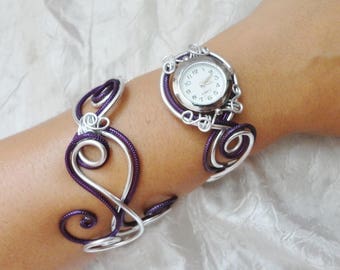 Cadeau noel - Bracelet montre - Cadeau pour elle - Duo d'aluminium argenté prune violet - montre femme - Artisanale - montre originale