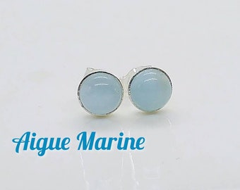 Clous d'oreilles en argent massif et Aigue Marine 6mm- puces, boucles d'oreilles, sérénité, sensibilité, expressivité