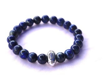 Bracelet Homme - Lapis Lazuli - Ballon de Rugby - Bracelet élastique - Bracelet Pierres fines - Lithotherapie