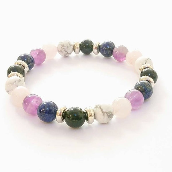 Stone bracelet "calm and serenity" - onyx, howlite, pink quartz and amethyst, Lithotherapy, benefit