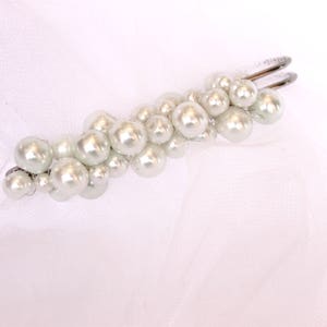 May include: A silver hair clip with a cluster of white faux pearls attached to it.