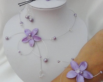 Ensemble bijoux mariée Mariage Fleur satin mauve parme collier bracelet + boucles +bijou de cheveux