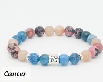 Zodiac bracelet in natural stones - Sign CANCER: Apatite, Rhodonite and moonstone, Lithotherapy, Benefits,