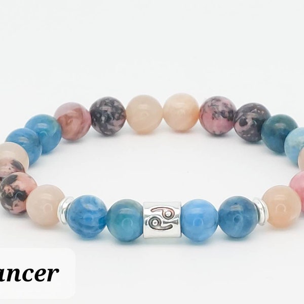 Bracelet Zodiaque en pierres naturelles- Signe CANCER: Apatite,  Rhodonite et pierre de lune, Lithotherapie, Bienfaits ,