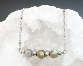 Stainless steel necklace and natural Labradorite beads, gold or silver, natural stones 6mm