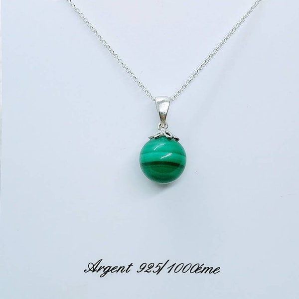 Pendentif Boule 10mm en Malachite et Argent massif - Collier-pierres naturelles,  cadeau Noël Anti douleur musique