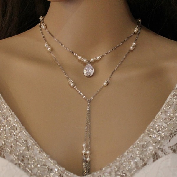 Sautoir écharpe à nouer sautoir de mariée, mariage soirée collier long bijou de dos