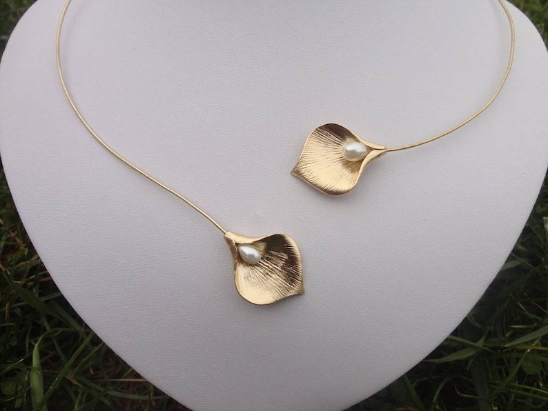 earrings gold plated lilies wedding evening bridal pearls CAlla Jewelry set wedding bridal necklace bracelet