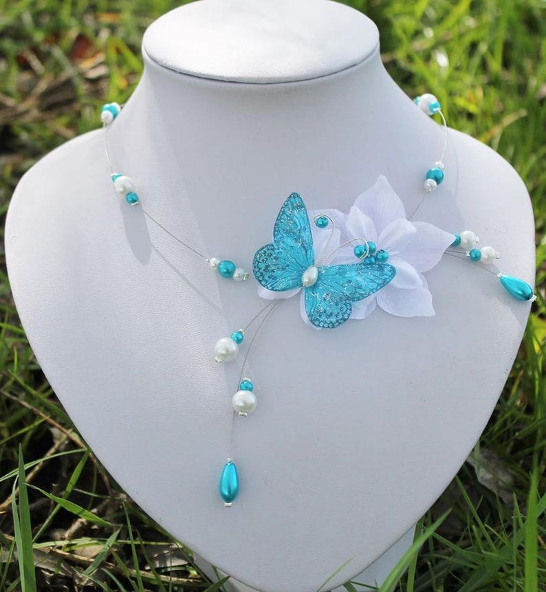 Set of bridal jewelry set wedding flower and white turquoise Butterfly wedding necklace bracelet and earrings