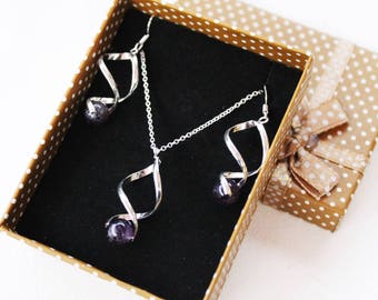 Jewlery set necklace + earrings 925 Silver Twist ears and Amethyst Parure collier + boucles d'oreilles Twist Argent 925 et Améthyste