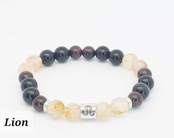 Bracelet Zodiaque en pierres naturelles- Signe LION: Grenat,  Citrine et Obsidienne noire, Lithotherapie, Bienfaits ,