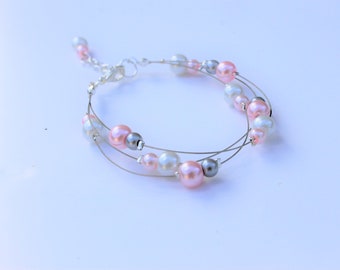 Bracelet mariée, mariage,  Perles de verre blanches (ou ivoire), rose clair et gris clair - ensemble mariage, parure mariée,