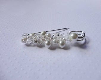 Brooch lifts train for wedding - Train hook for wedding dress - white pearly glass beads - crystal beads