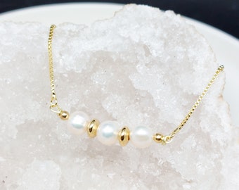 Necklace in stainless steel and natural white freshwater pearls, gold or silver, natural pearls 6mm