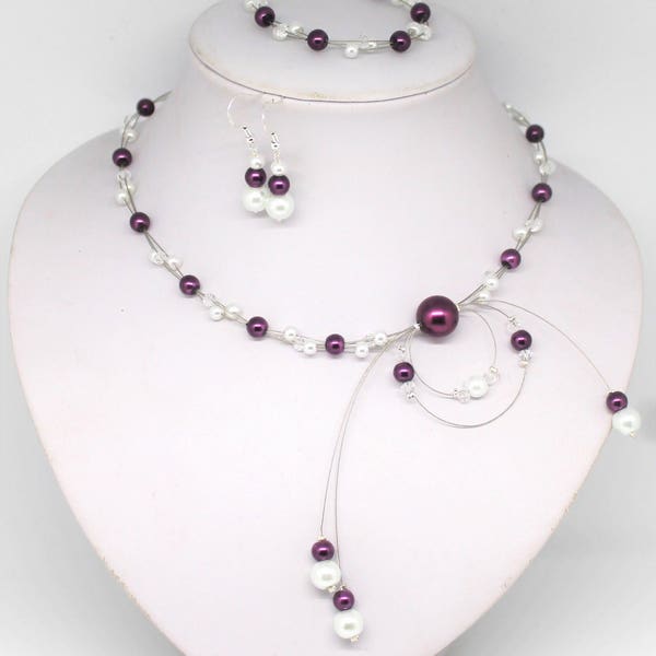 Ensemble de bijoux mariage, parure de mariée - perles de verre violet prune et ivoire (ou blanc) collier + bracelet + boucles  Adéle