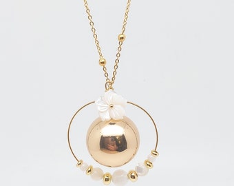 Gold-plated pregnancy bola, mother-of-pearl beads, mother-of-pearl flower, stainless steel chain, maternity, mother