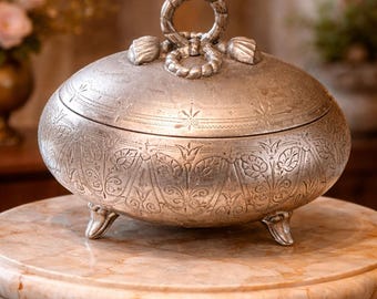 Antique 750 Silver Etrog Box, Engraved Judaica, Gilt Interior, Footed Esrog Container