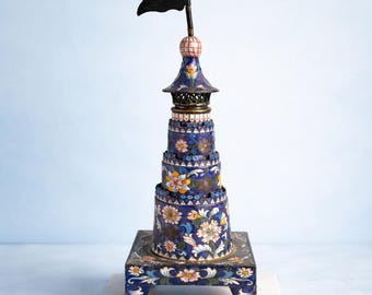 Vintage Cloisonné Enamel Tower Sculpture – Ornate Floral Asian Decor, Mid-Century Piece