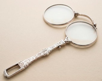 Antique Sterling Silver Lorgnette Glasses, Engraved Folding Spectacles, Victorian Optical Accessory