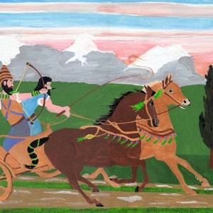 Two Guys on a Chariot riding along the Sunset - NAIVE ART 1970s